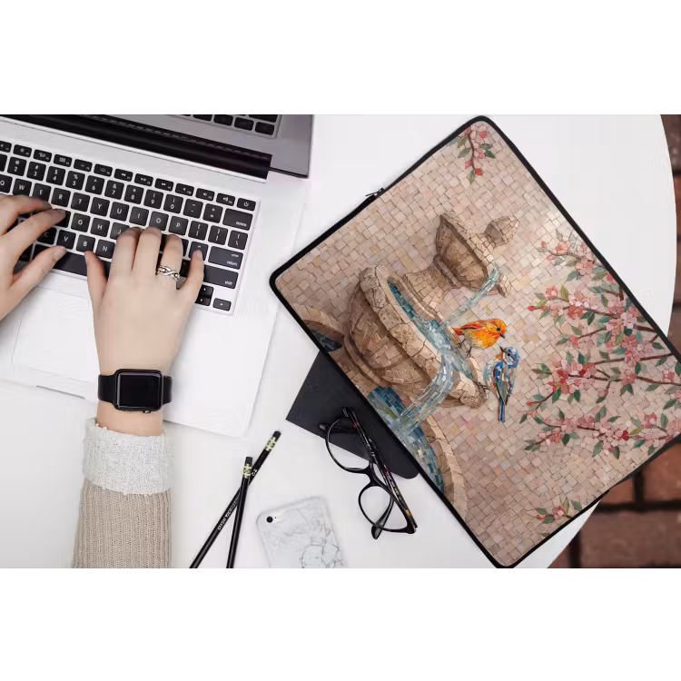 Vogel - fontein - mozaiek - kleurrijk - dieren laptophoes neopreen klein -bureau