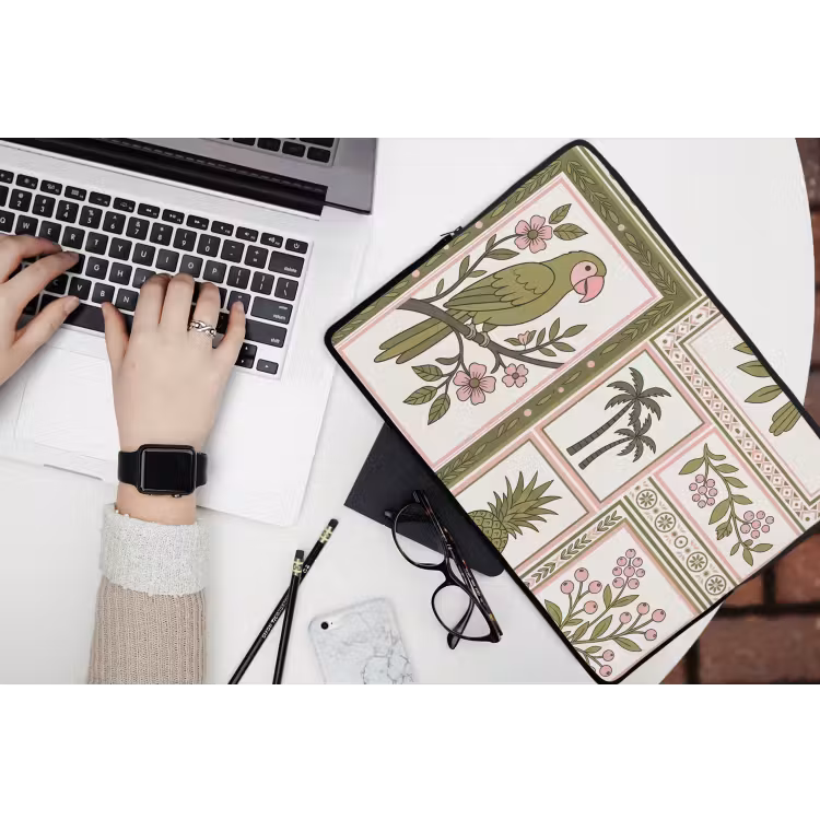 Vogel - Tropisch - Patroon - Decoratief - Groen laptophoes neopreen klein -bureau