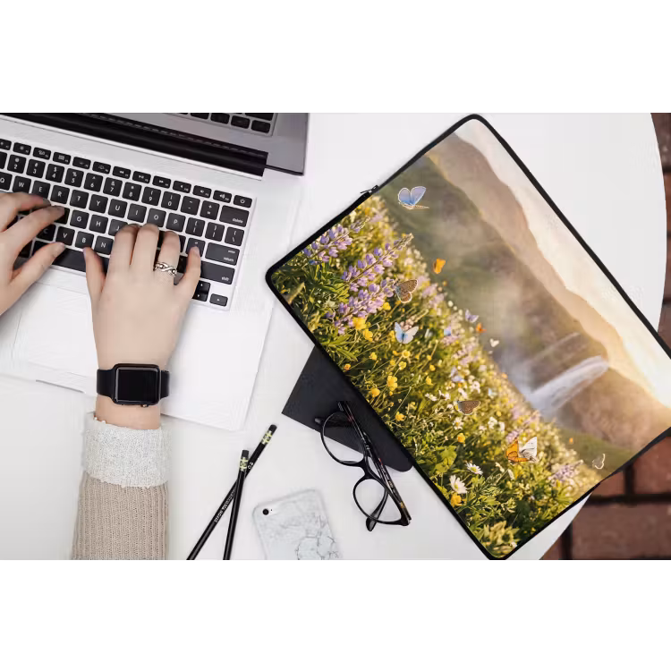 Vlinders - Waterval - Bloemenveld laptophoes neopreen klein -bureau