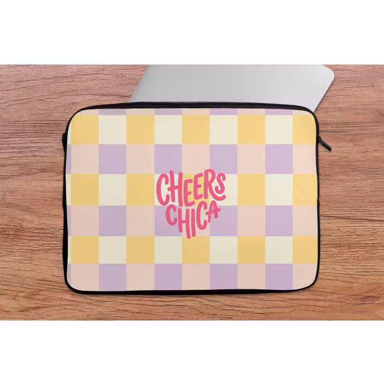 Cheers Chica - Ruitjes - Lila - Geel laptophoes neopreen klein -tafel