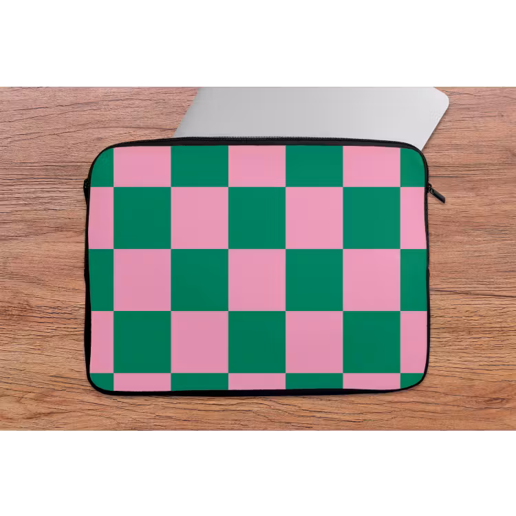 Schaakbord patroon - Groen - Roze - Blokjes laptophoes neopreen klein -tafel