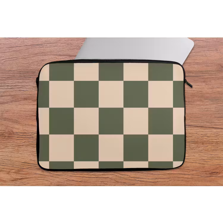 Schaakbord print - Groen - Beige - Blokjes laptophoes neopreen klein -tafel