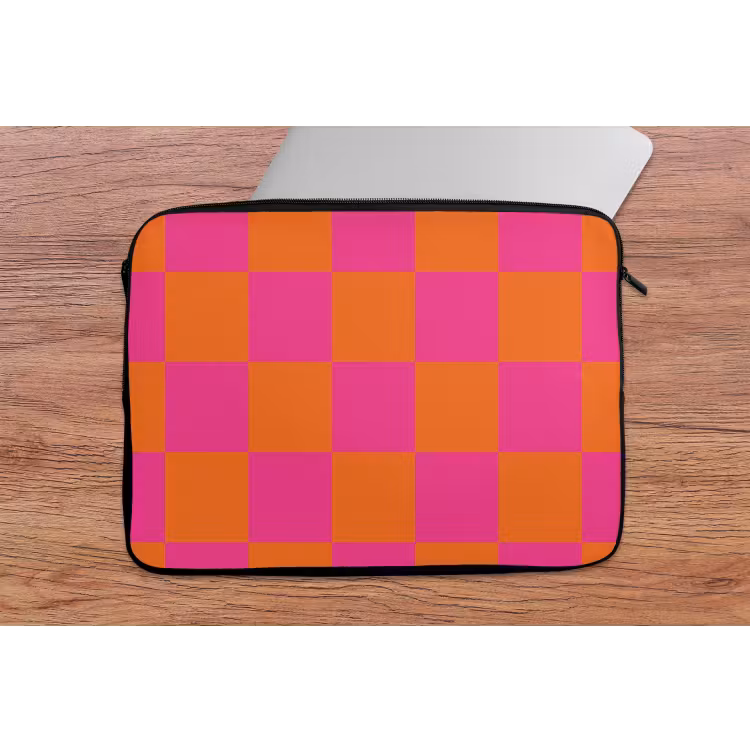 Schaakbord print - Oranje - Roze - Blokjes laptophoes neopreen klein -tafel