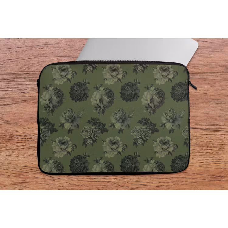 Klassiek - botanisch - olijfgroen - bloemen laptophoes neopreen klein 279 -tafel