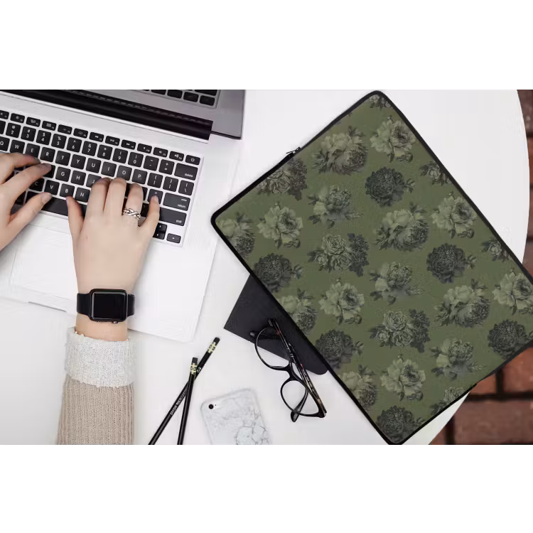 Klassiek - botanisch - olijfgroen - bloemen laptophoes neopreen klein 279 -bureau