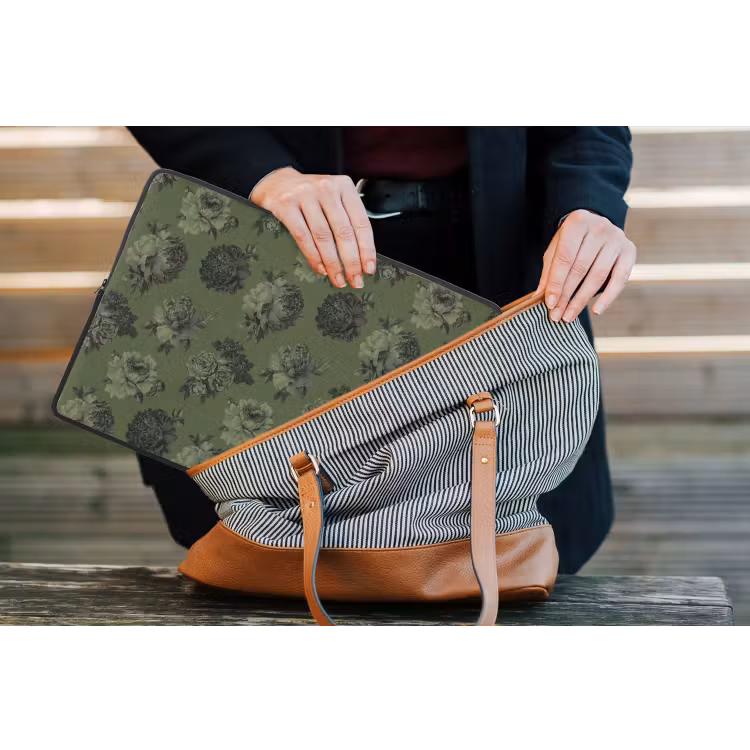 Klassiek - botanisch - olijfgroen - bloemen laptophoes neopreen klein 279 -tas