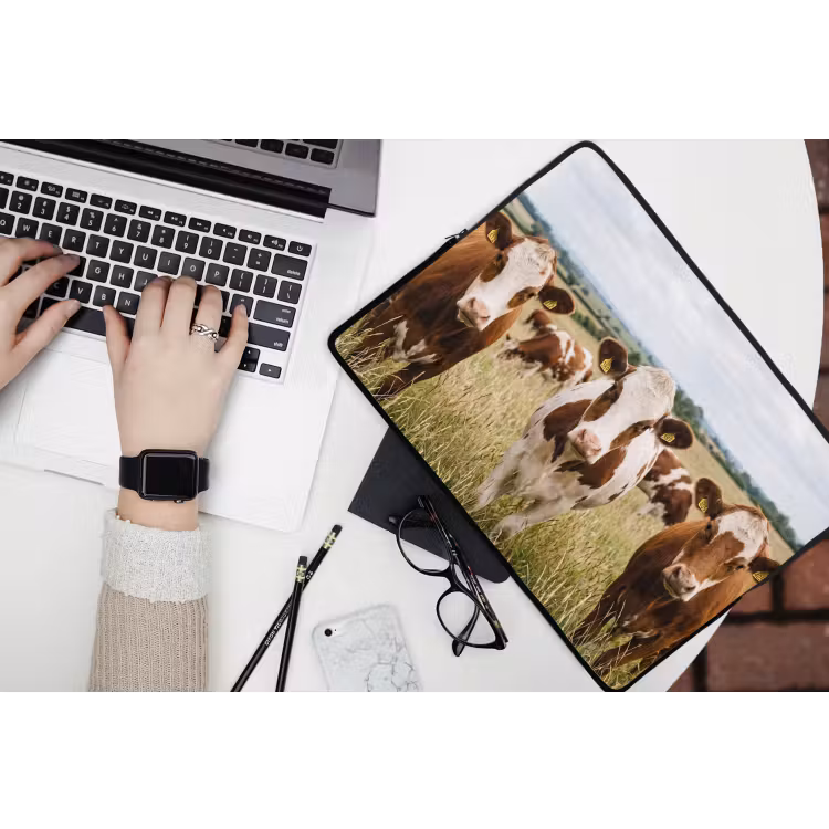 Koeien - Portret - Weide - Boerderij - Nieuwsgierig laptophoes neopreen klein -bureau