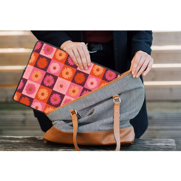 Madeliefjes - Dambord - Retro - Roze - Oranje laptophoes neopreen klein 279 -tas