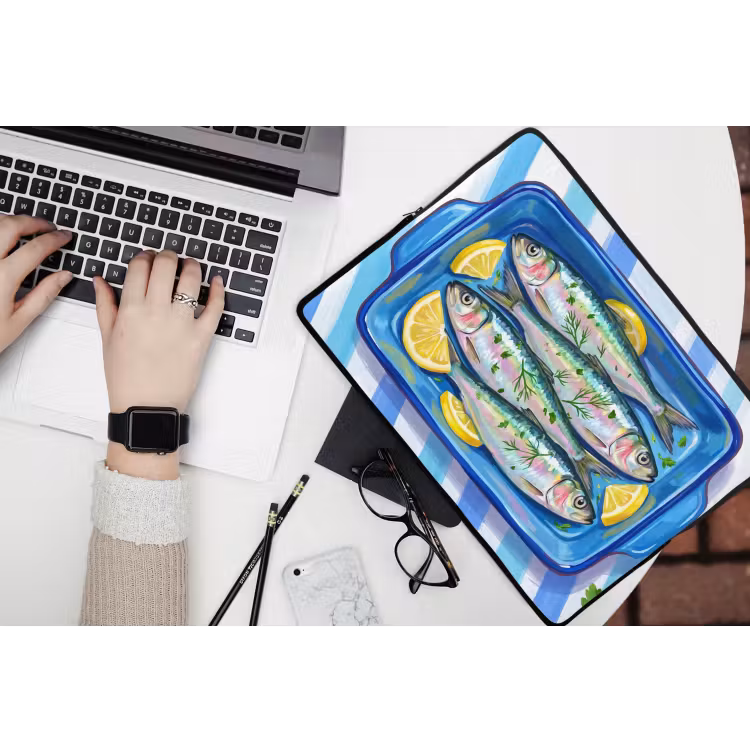 Vis - Citroen - Kruiden - Eten - Blauw laptophoes neopreen klein -bureau