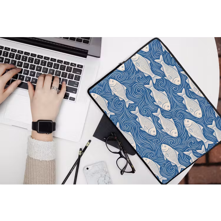 Vis - Water - Patroon - Grafisch - Blauw laptophoes neopreen klein -bureau