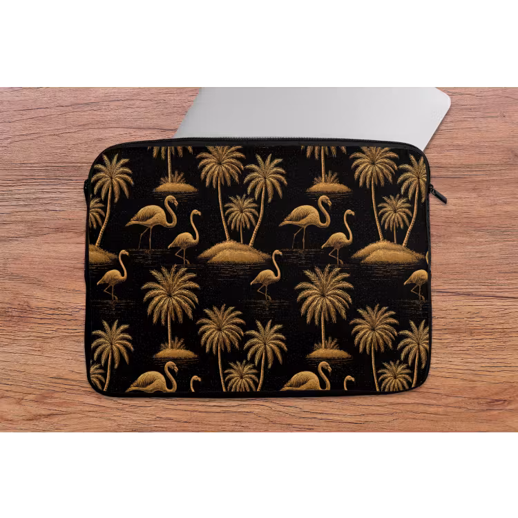 Flamingo - Palmbomen - Tropisch - Goud - Zwart laptophoes neopreen klein 279 -tafel