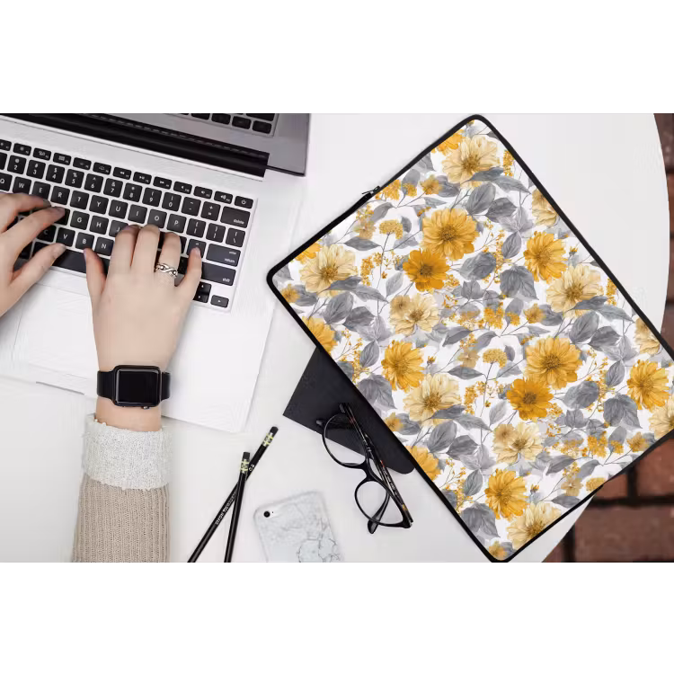 Bloemen - Botanisch - Elegant - Okergeel - Grijs laptophoes neopreen klein 279 -bureau