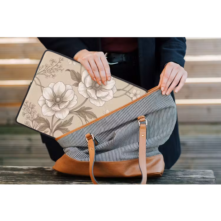 Bloemen - Patroon - Beige laptophoes neopreen klein -tas