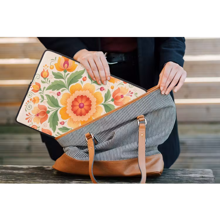 Bloemen - Patroon - Decoratief - Oranje laptophoes neopreen klein -tas