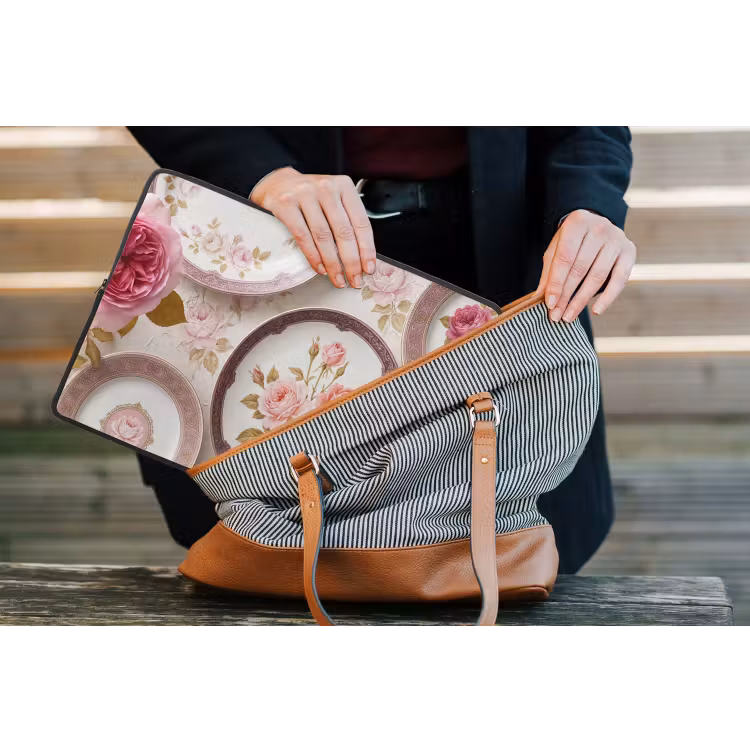 Bloemen - Patroon - Vintage - Roze - Decoratie laptophoes neopreen klein -tas
