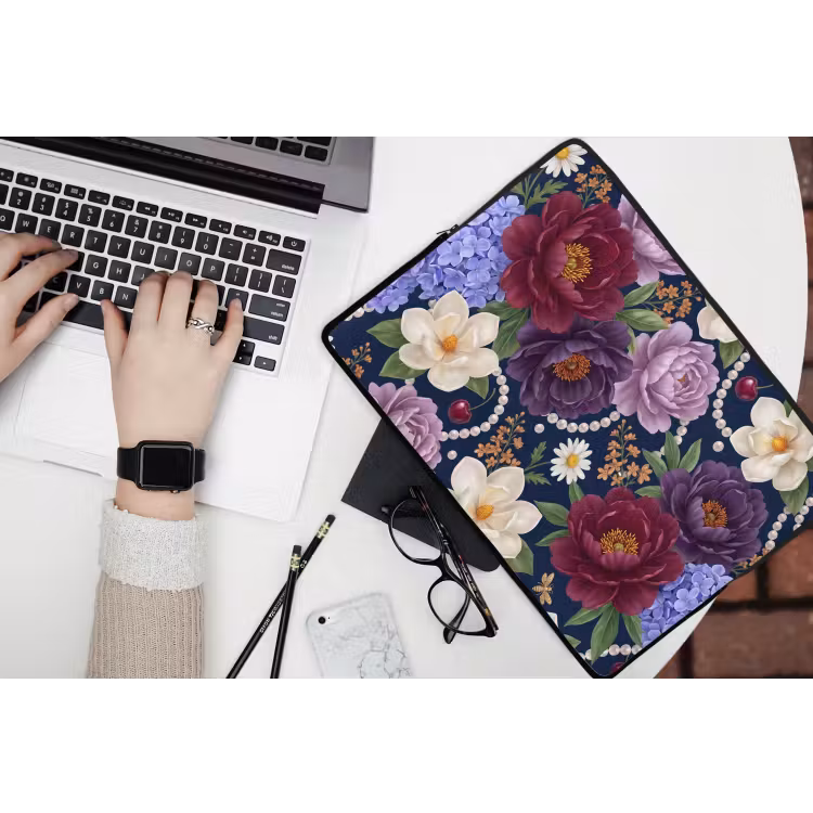Bloemen - Parels - Decoratie - Modern - Blauw laptophoes neopreen klein -bureau