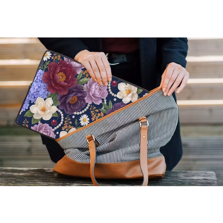 Bloemen - Parels - Decoratie - Modern - Blauw laptophoes neopreen klein -tas