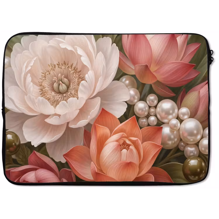 Bloemen - Parels - Elegant - Roze - Wit laptophoes neopreen klein -zkaufland3dotto
