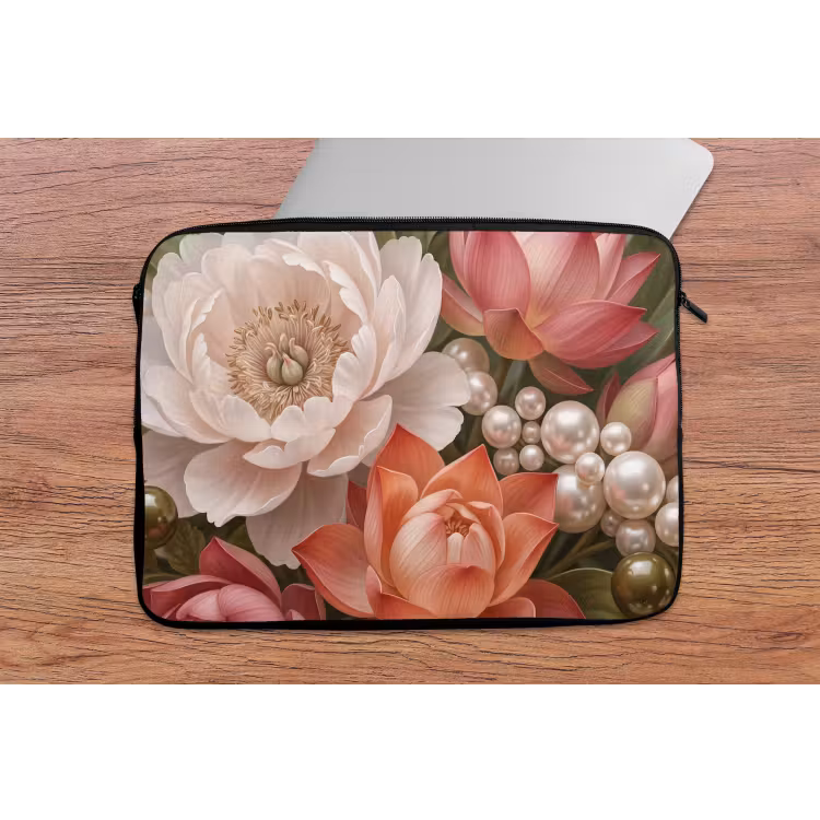 Bloemen - Parels - Elegant - Roze - Wit laptophoes neopreen klein -tafel