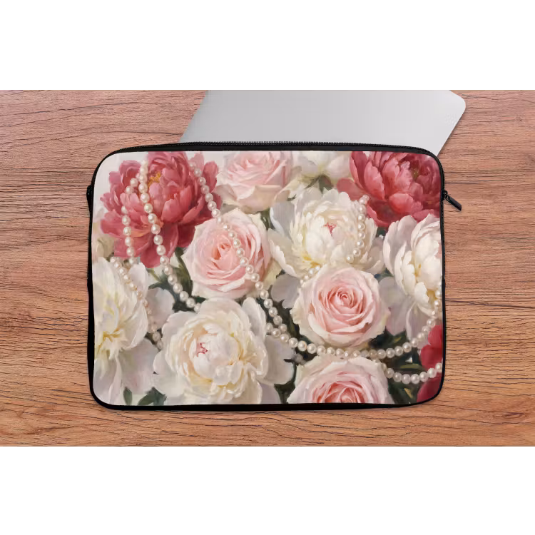 Bloemen - Parels - Romantiek - Klassiek - Roze laptophoes neopreen klein -tafel