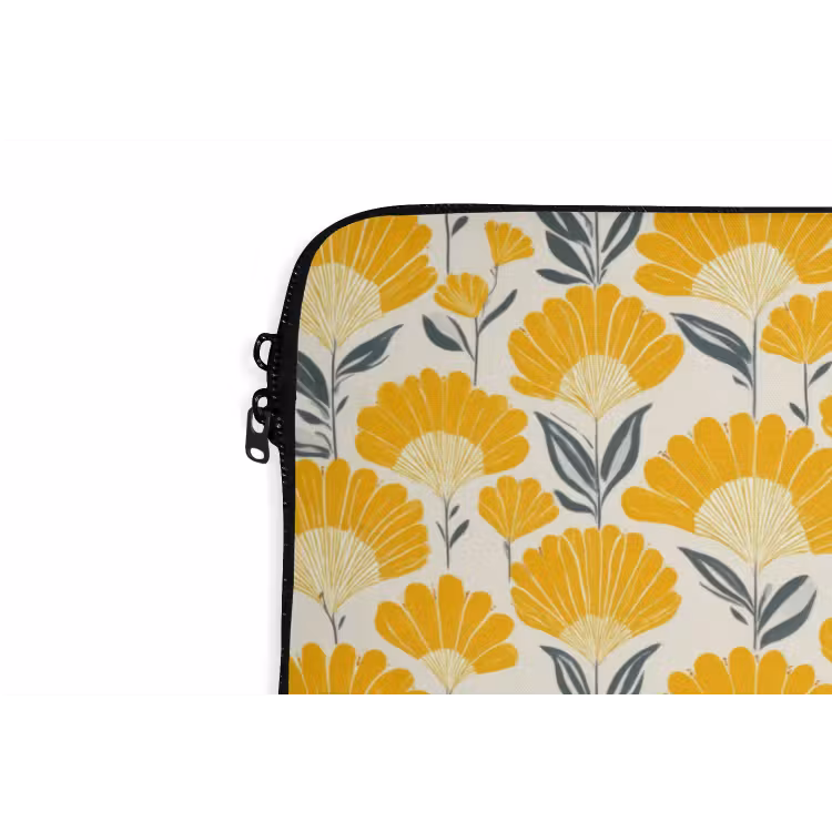 Bloemen - Retro - Botanisch - Okergeel - Grijs laptophoes neopreen klein 279 -detail