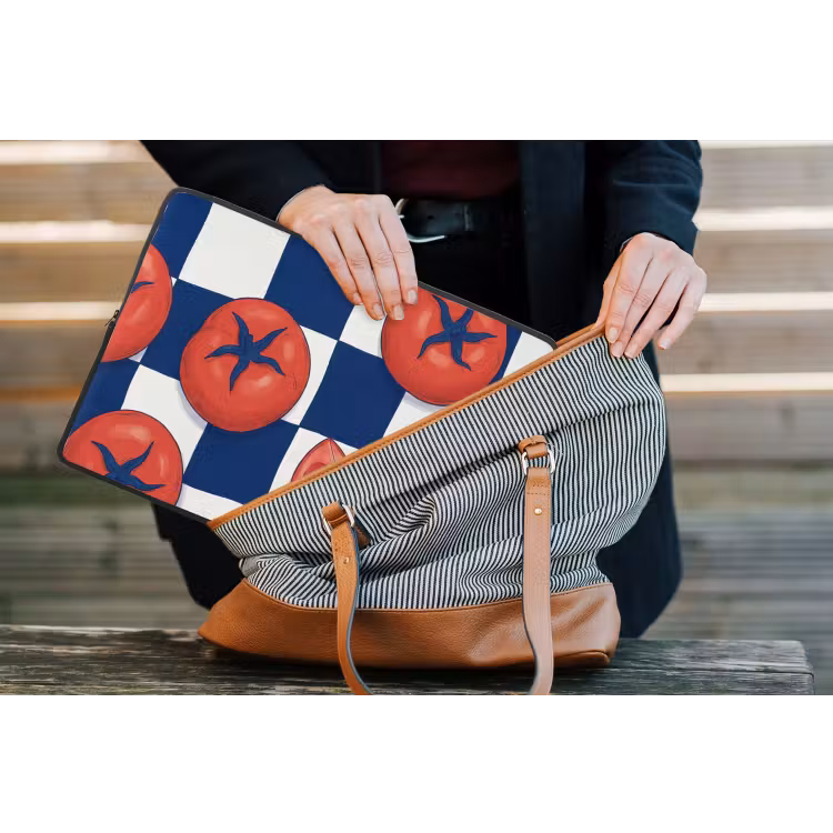 Eten - Tomaten - Keuken - Illustratie - Rood-Blauw laptophoes neopreen klein -tas