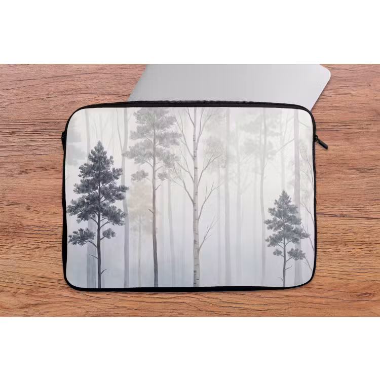 Bos - Bomen - Mist - Natuur - Illustratie - Grijs laptophoes neopreen klein -tafel