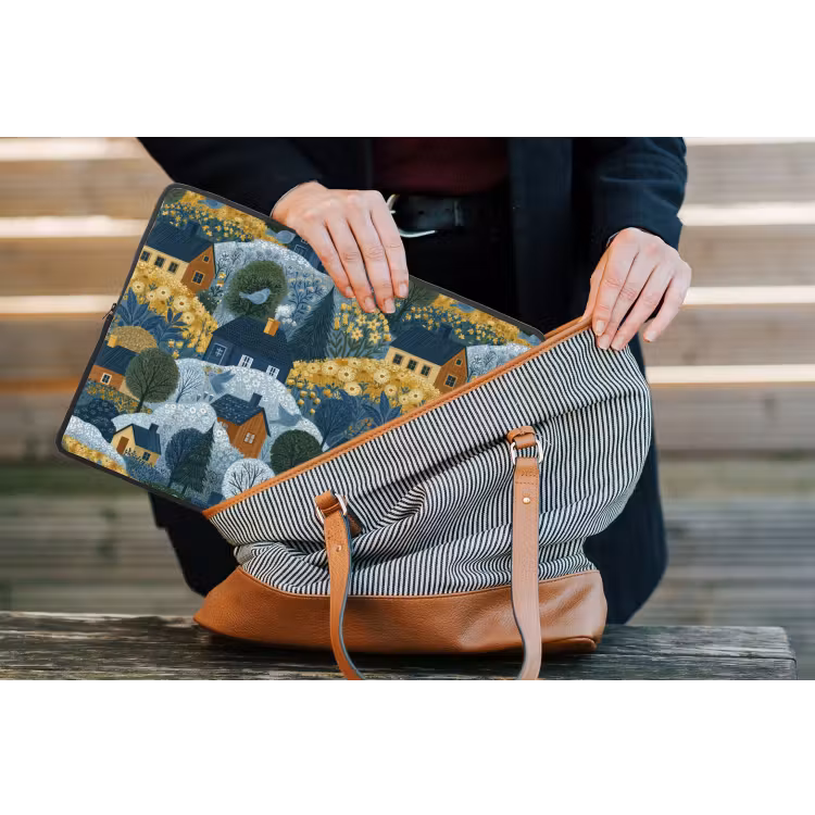 Huisjes - Bloemen - Patroon - Geel - Blauw laptophoes neopreen klein 279 -tas