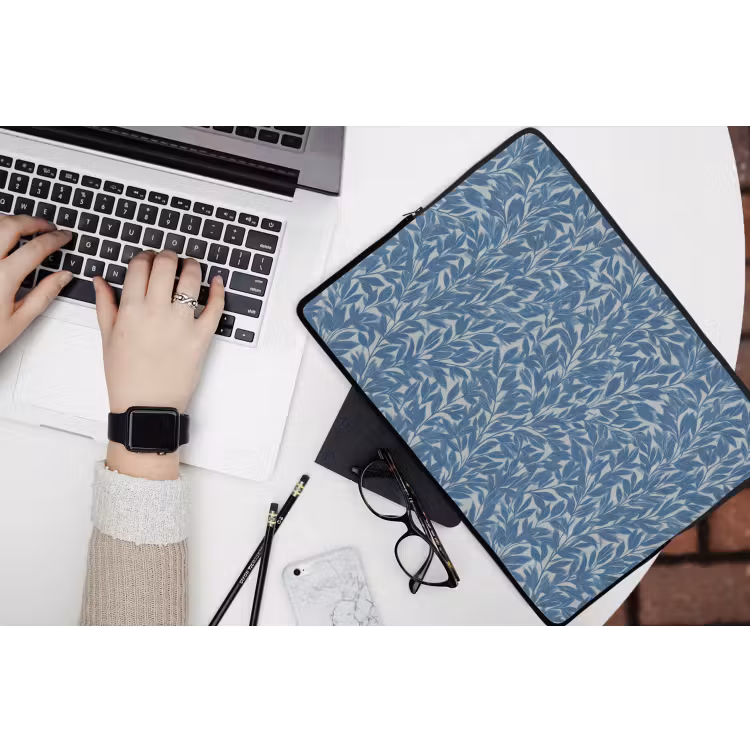 Bladeren - Klassiek - Patroon - Donkerblauw - Vintage laptophoes neopreen klein 279 -bureau