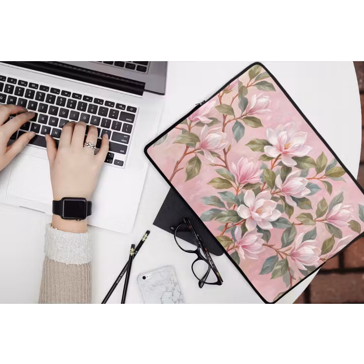 Magnolia's - Patroon - Roze laptophoes neopreen klein -bureau