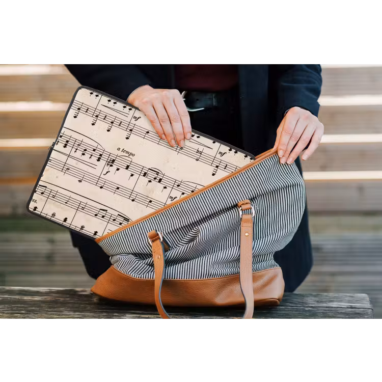 Muzieknotatie - Notenbalken - Kunst - Klassiek - Beige laptophoes neopreen klein -tas