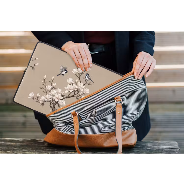 Oosters - Vogels - Beige laptophoes neopreen klein -tas