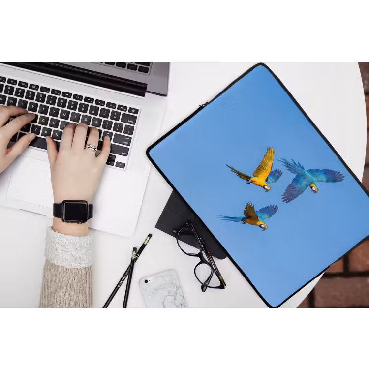 Papagaai - Vliegen - Blauw - Geel laptophoes neopreen klein -bureau