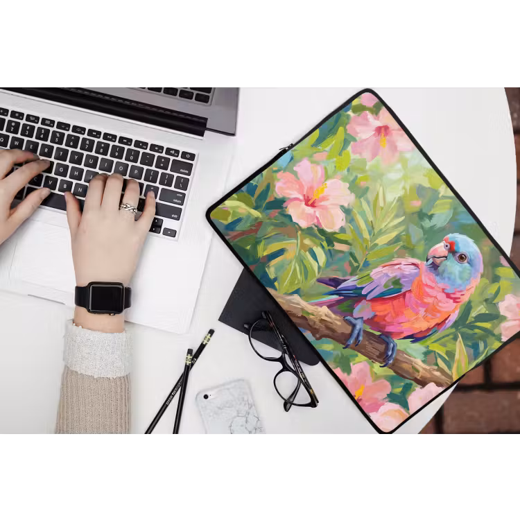 Papagaai - Hibiscusbloemen - Kleurrijk laptophoes neopreen klein -bureau