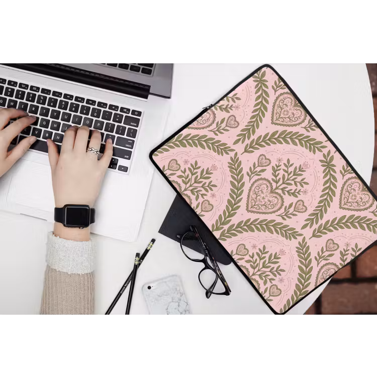 Patroon - Hart - Bloemen - Folkloristisch - Roze laptophoes neopreen klein -bureau
