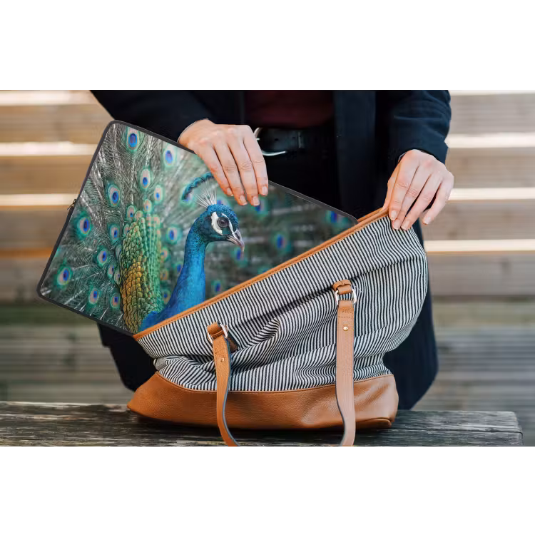 Pauw - Veren - Blauw laptophoes neopreen klein -tas