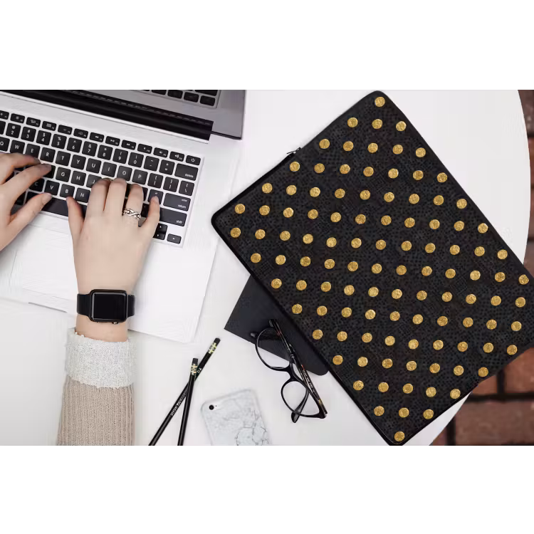 Polka Dot - Stippen - Goud - Zwart laptophoes neopreen klein 279 -bureau