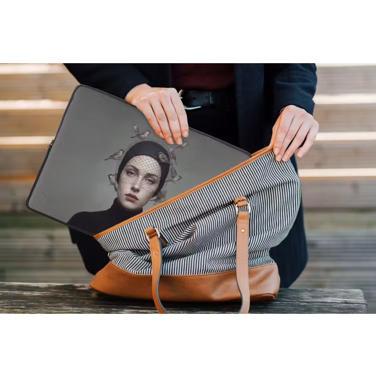 Portret - Vogels - Zwart laptophoes neopreen klein -tas