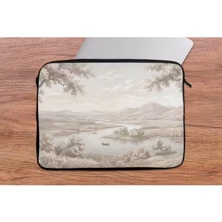 Rivierlandschap - Bergen - Natuur - Vintage - Beige laptophoes neopreen klein -tafel