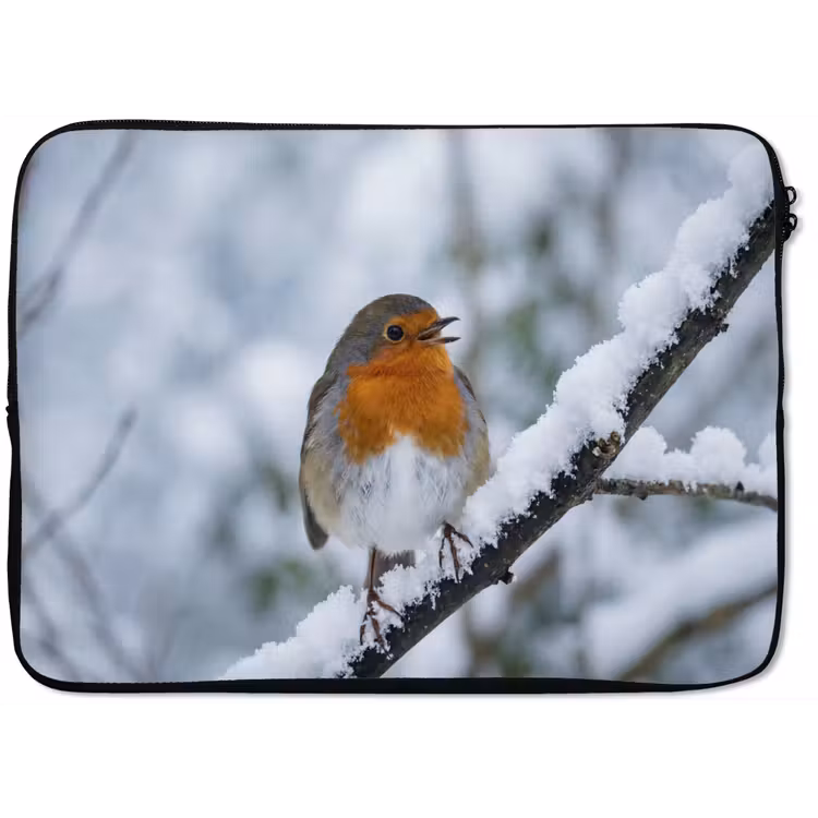Roodborstje - Tak - Sneeuw - Winter - Levendig laptophoes neopreen klein -zkaufland3dotto