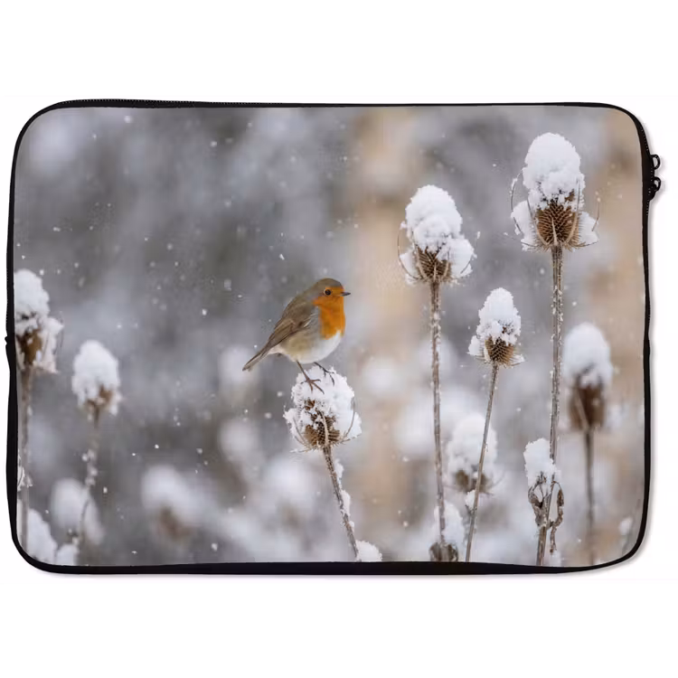 Roodborstje - Gedroogde bloem - Sneeuw - Winter - Vertederend laptophoes neopreen klein -zkaufland3dotto
