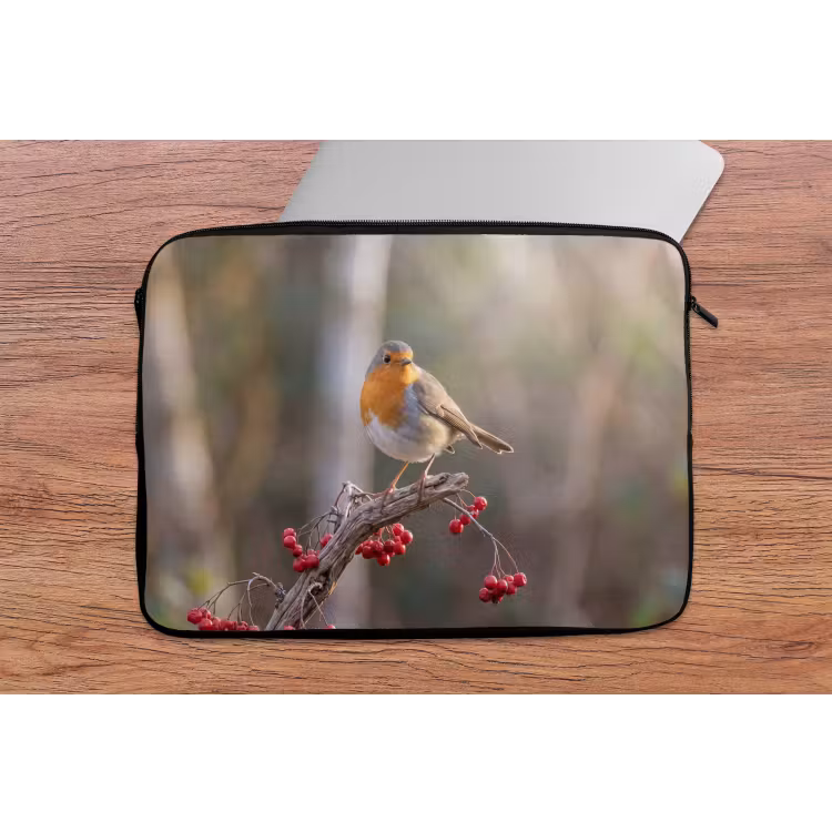 Roodborst - Tak - Bessen - Natuur laptophoes neopreen klein -tafel