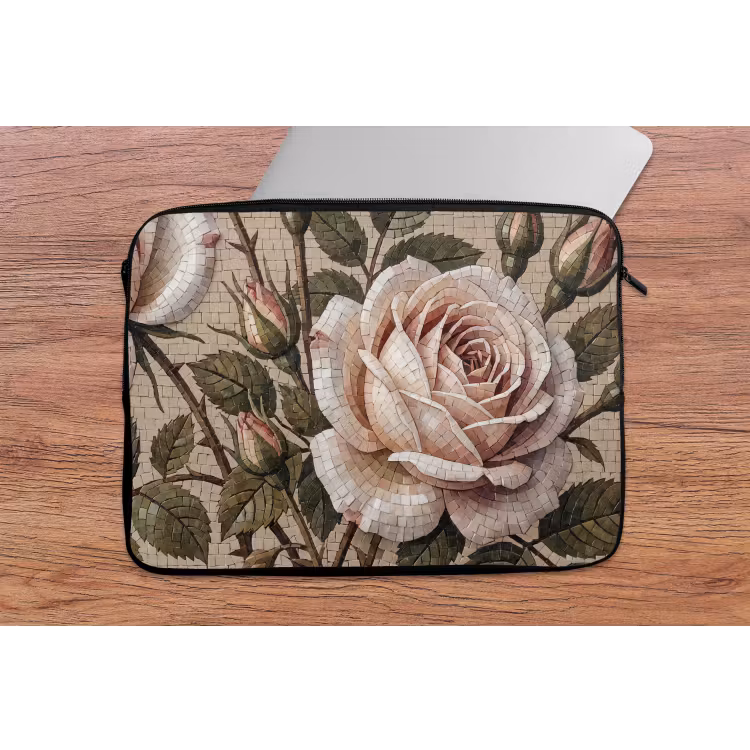 Roos - Mozaïek - Bloemen - Klassiek - Beige laptophoes neopreen klein -tafel