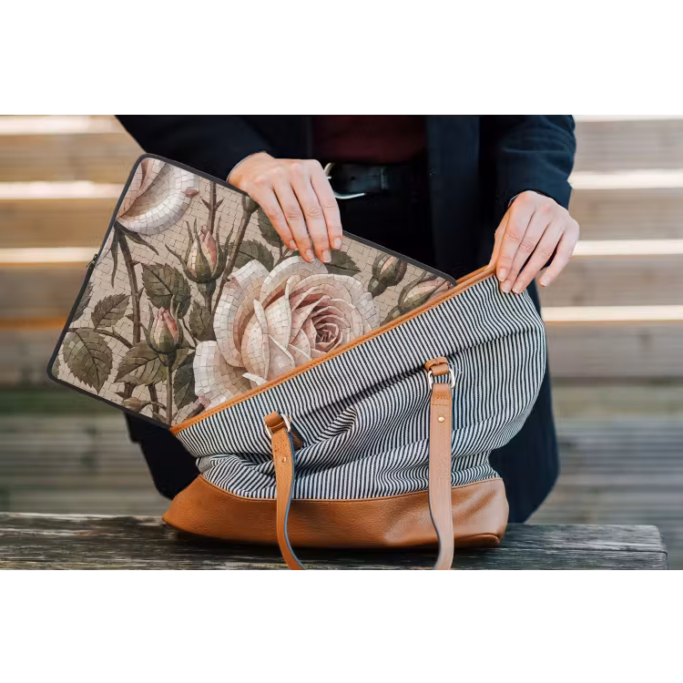 Roos - Mozaïek - Bloemen - Klassiek - Beige laptophoes neopreen klein -tas