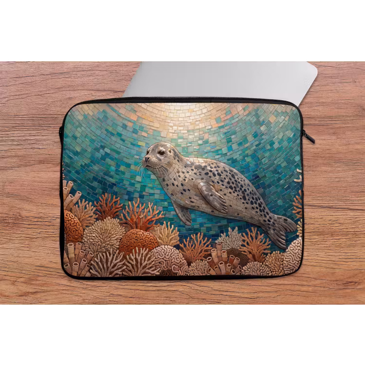 Zeehond - Mozaïek - Onderwater - Dieren - Blauw laptophoes neopreen klein -tafel