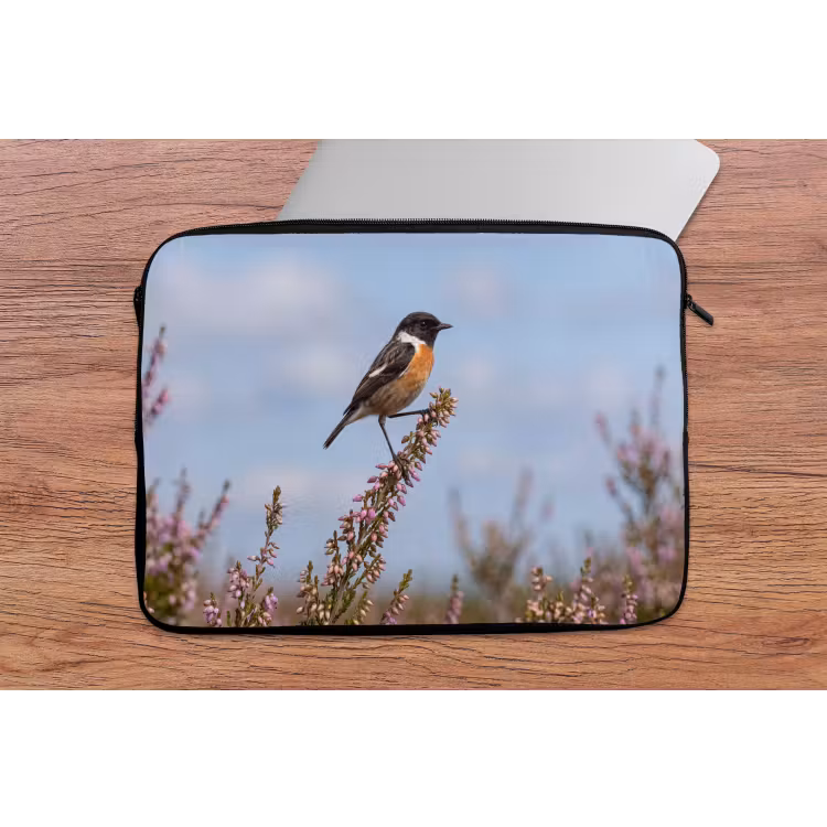 Roodborsttapuit - Heide - Paars - Natuur - Sfeervol laptophoes neopreen klein -tafel