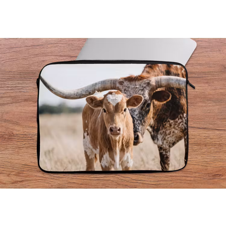 Texas Longhorn - Kalf - Weide - Dieren laptophoes neopreen klein -tafel