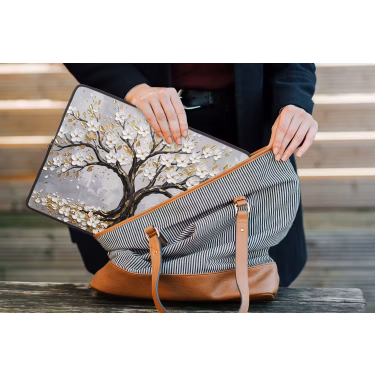 Boom - Bloemen - Natuur - Abstract - Wit laptophoes neopreen klein -tas