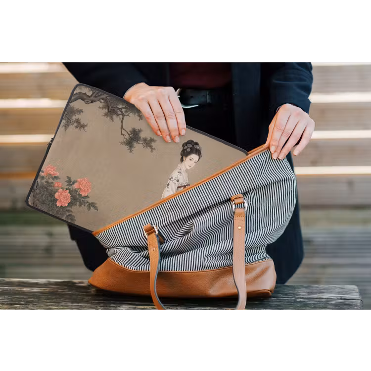 Vrouw - Azië - Kunst - Beige laptophoes neopreen klein -tas