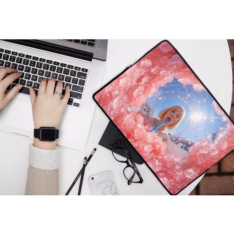 Vrouw - Drank - Zomer - Roze - Blauw laptophoes neopreen klein -bureau